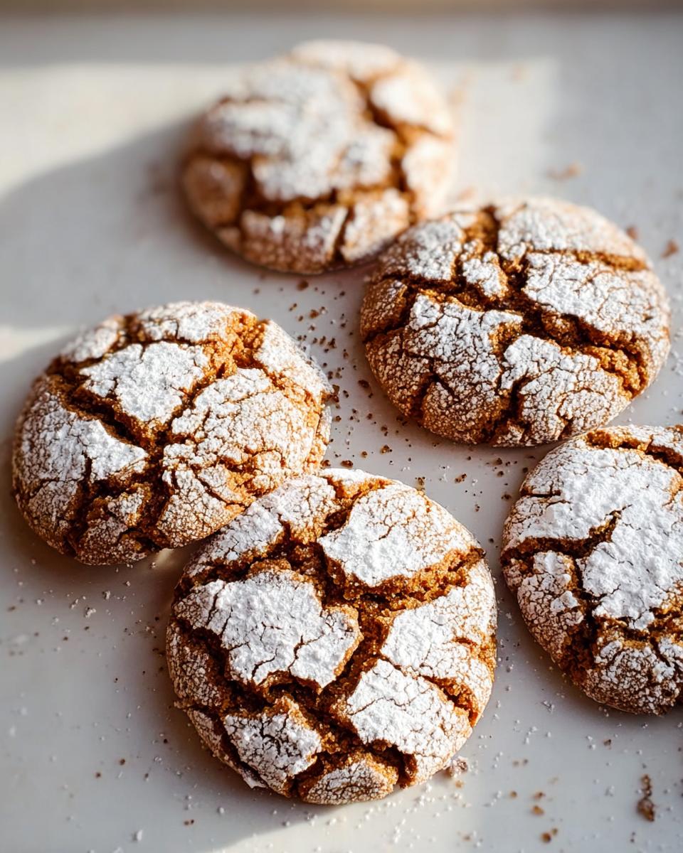 A close-up of five freshly baked Ginger Crackle Cookies, dusted with powdered sugar and showing their signature cracked texture.