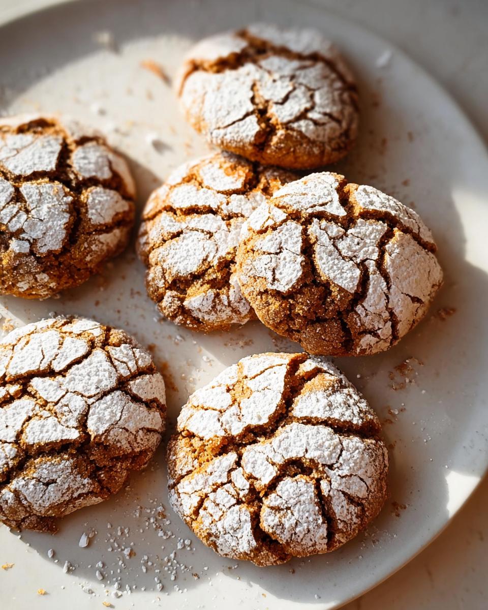 A close-up of several perfectly baked Ginger Crackle Cookies dusted with powdered sugar on a white plate.
