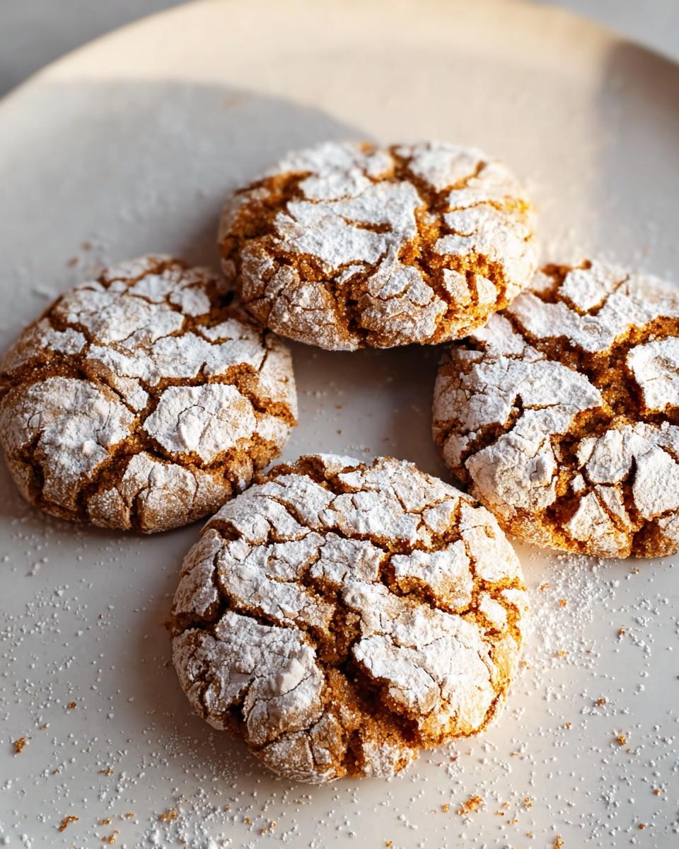 Four festive Ginger Crackle Cookies generously dusted with powdered sugar on a white plate.
