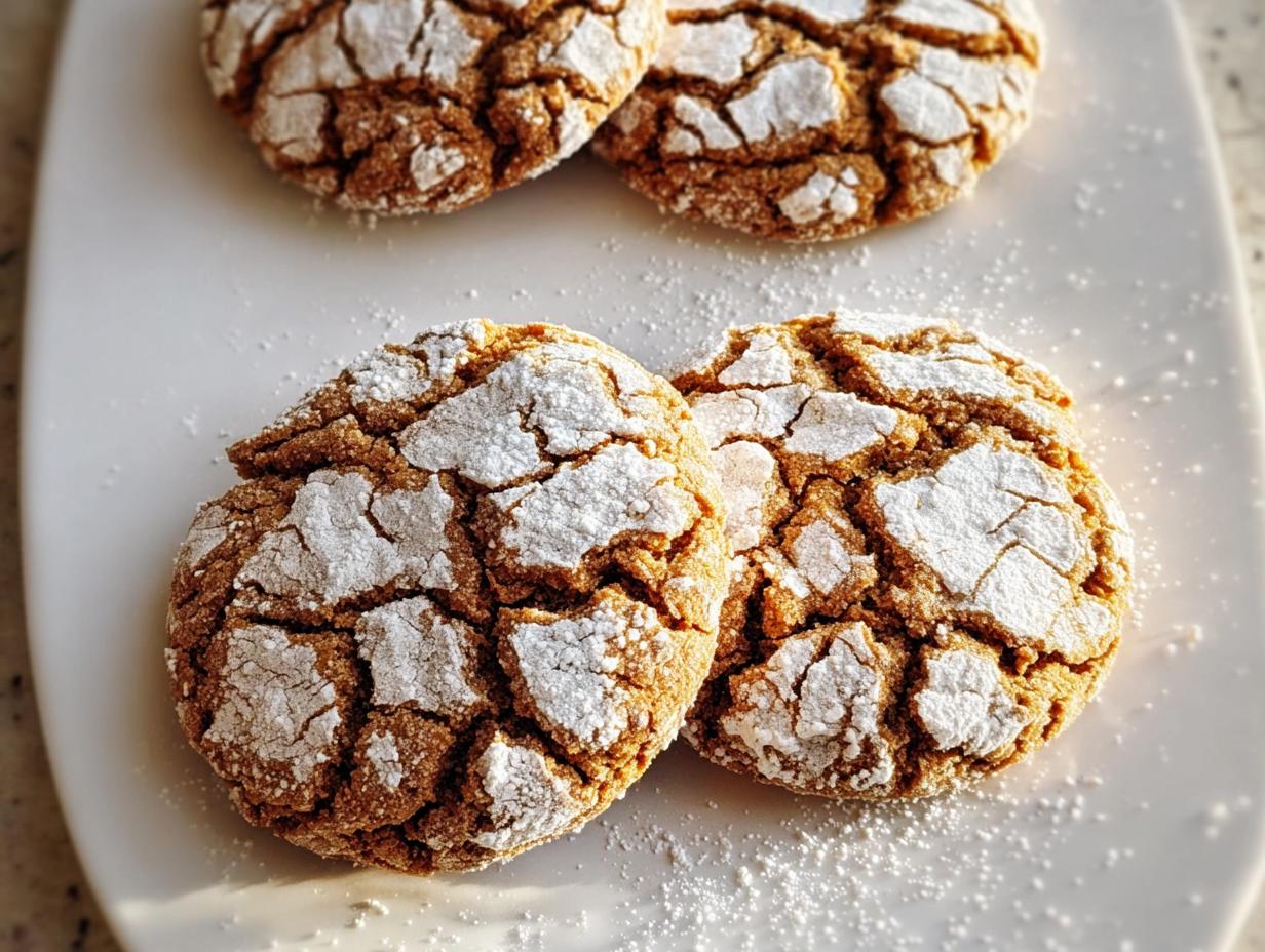 Close-up of two perfectly baked Ginger Crackle Cookies dusted with powdered sugar on a white platter.