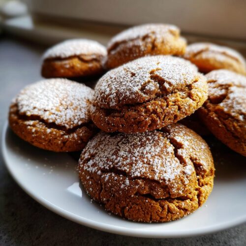 A pile of soft, dusted gingerbread cake cookies, perfect for holiday cookie swap favorites.