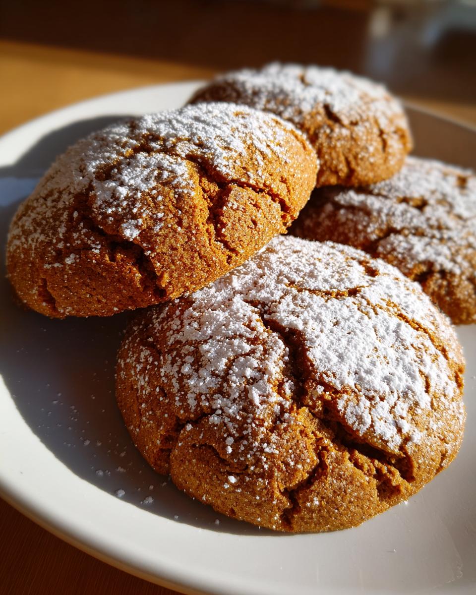 Close-up of soft gingerbread cake cookies dusted with powdered sugar, perfect for holiday cookie swap favorites.