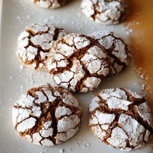 Close-up of several soft Gingerbread Crinkle Cookies dusted with powdered sugar on a white plate.