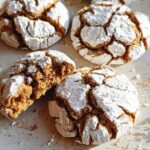 Close-up of soft Gingerbread Crinkle Cookies dusted with powdered sugar, showing their cracked texture.