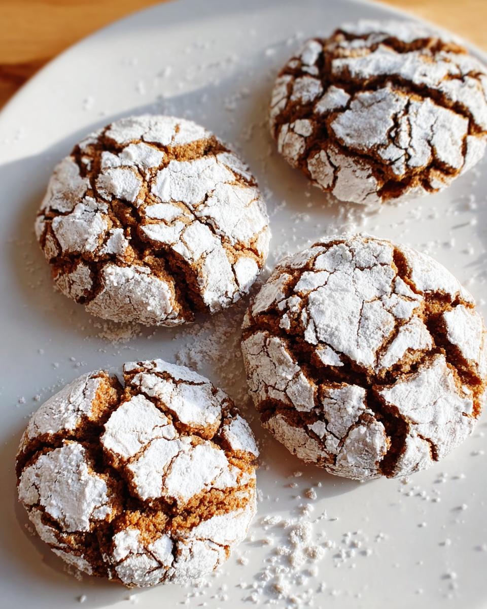 Close-up of four Gingerbread Crinkle Cookies dusted with powdered sugar on a white plate.