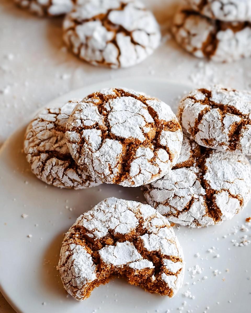 Close-up of a plate of soft Gingerbread Crinkle Cookies, dusted with powdered sugar, with one cookie bitten.