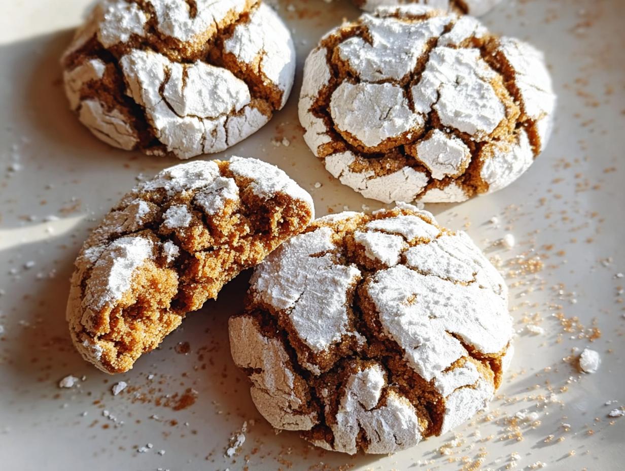 Close-up of soft Gingerbread Crinkle Cookies dusted with powdered sugar, showing their cracked texture.