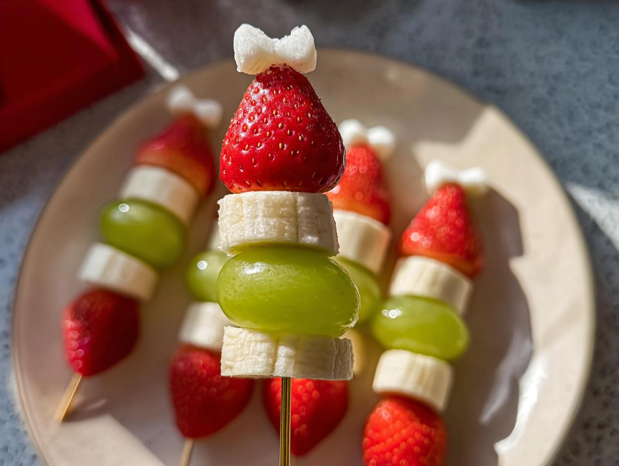 Close-up of festive Grinch Fruit Kebobs featuring strawberries, banana slices, and green grapes, topped with a white bow.