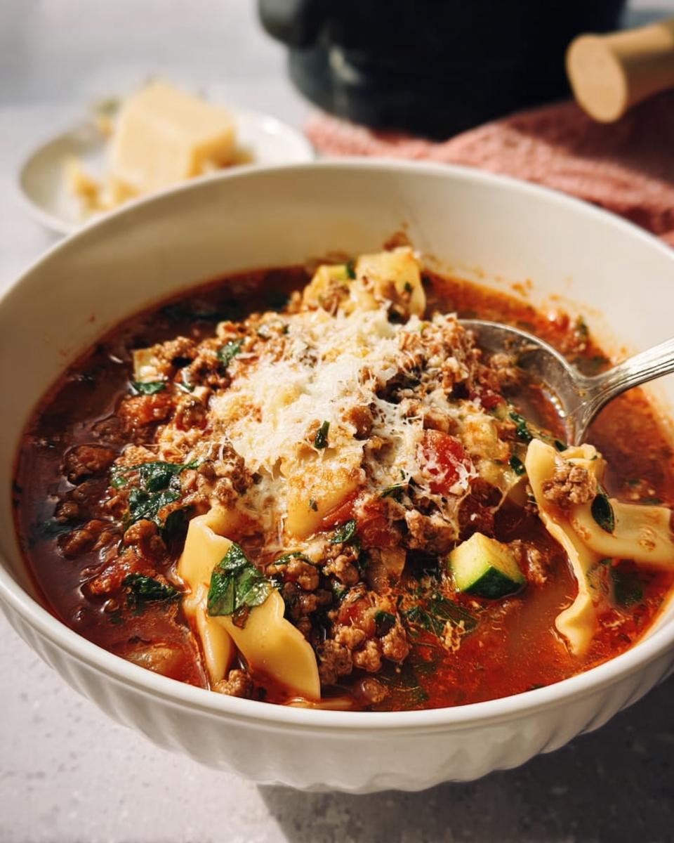 Close-up of a bowl of Healthy Crockpot Lasagna Soup topped with grated Parmesan cheese and a spoon.