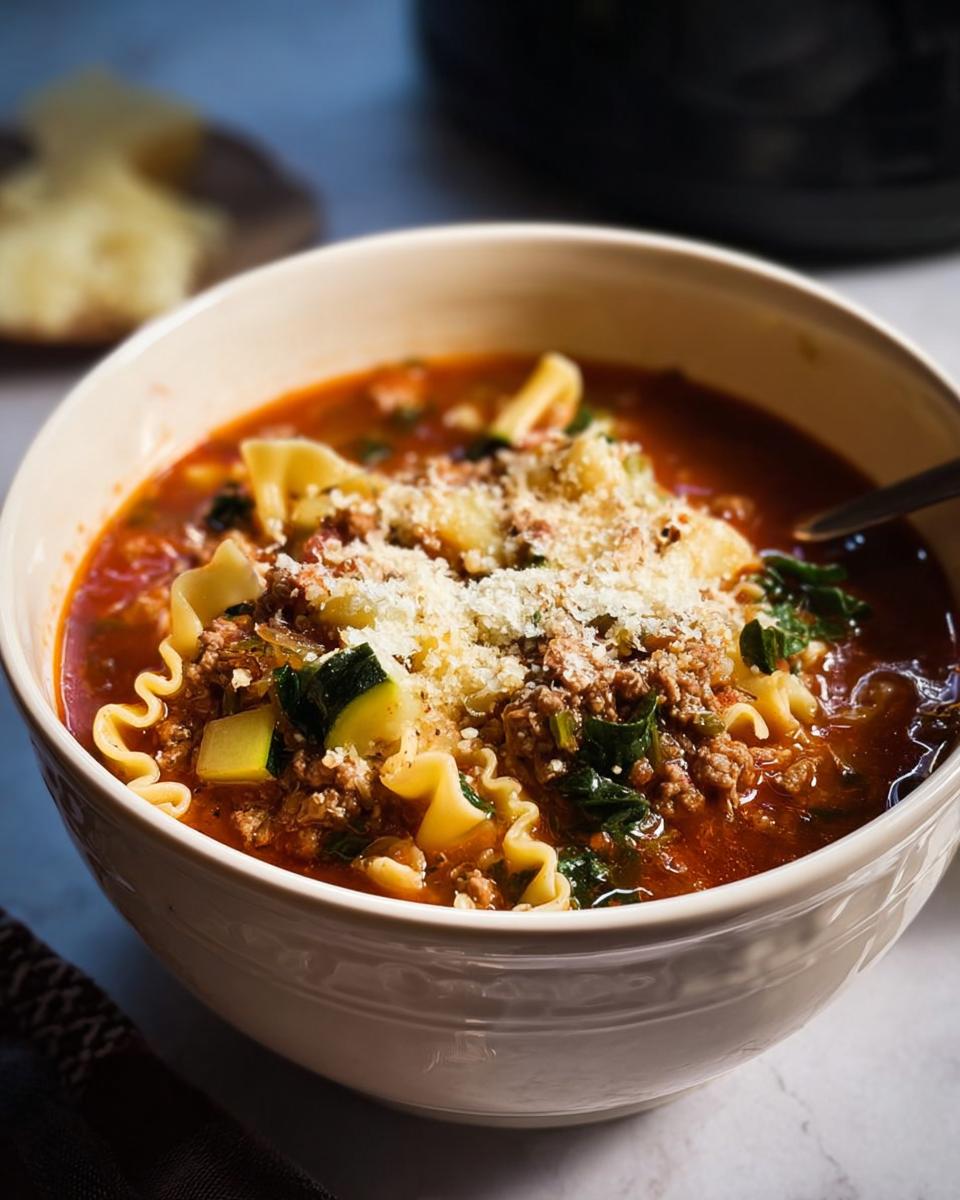 A close-up of a bowl filled with Healthy Crockpot Lasagna Soup, topped generously with grated Parmesan cheese.
