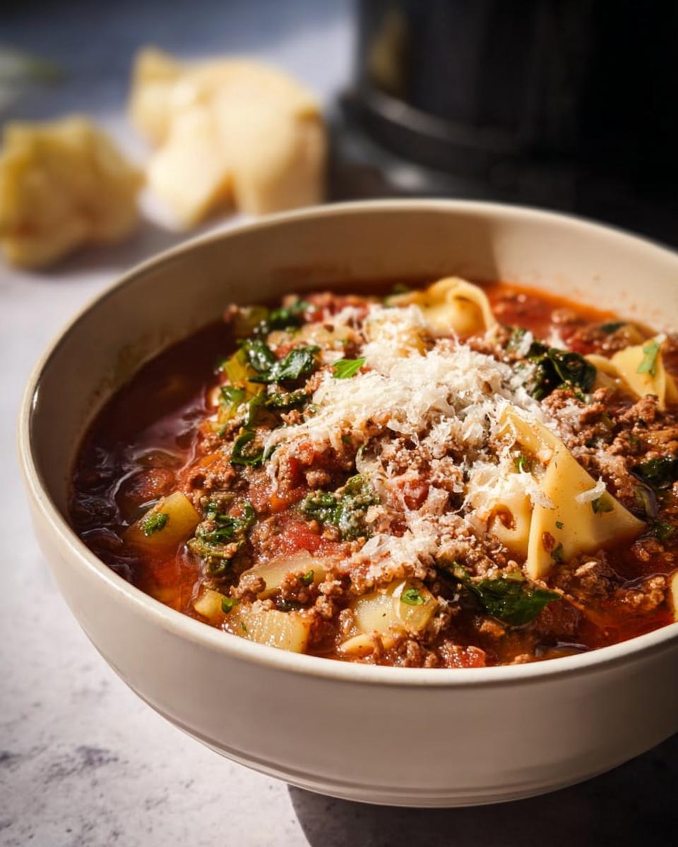 Close-up of a bowl of Healthy Crockpot Lasagna Soup topped with grated Parmesan cheese and fresh herbs.
