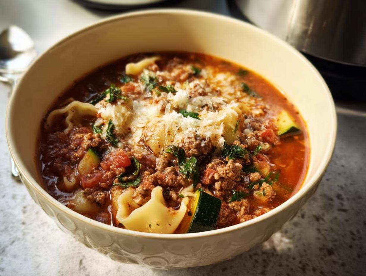 A close-up of a bowl of Healthy Crockpot Lasagna Soup, rich with meat, zucchini, pasta, and topped with cheese.