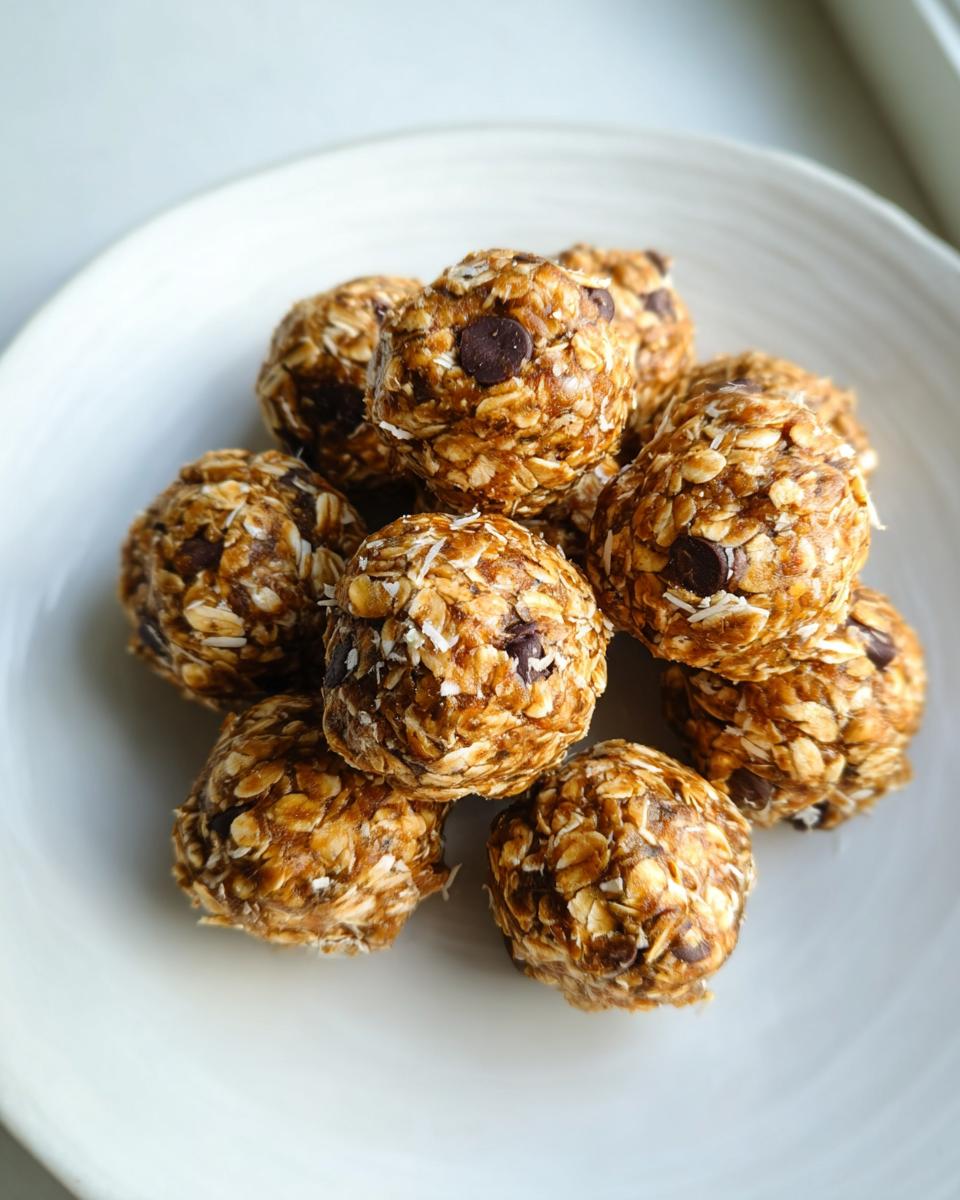 A close-up of several homemade Healthy Energy Bites made with oats and chocolate chips piled on a white plate.