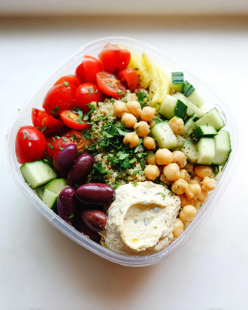 Overhead view of a clear container filled with ingredients for a Healthy Mediterranean Snack Box: hummus, chickpeas, olives, tomatoes, and cucumber.