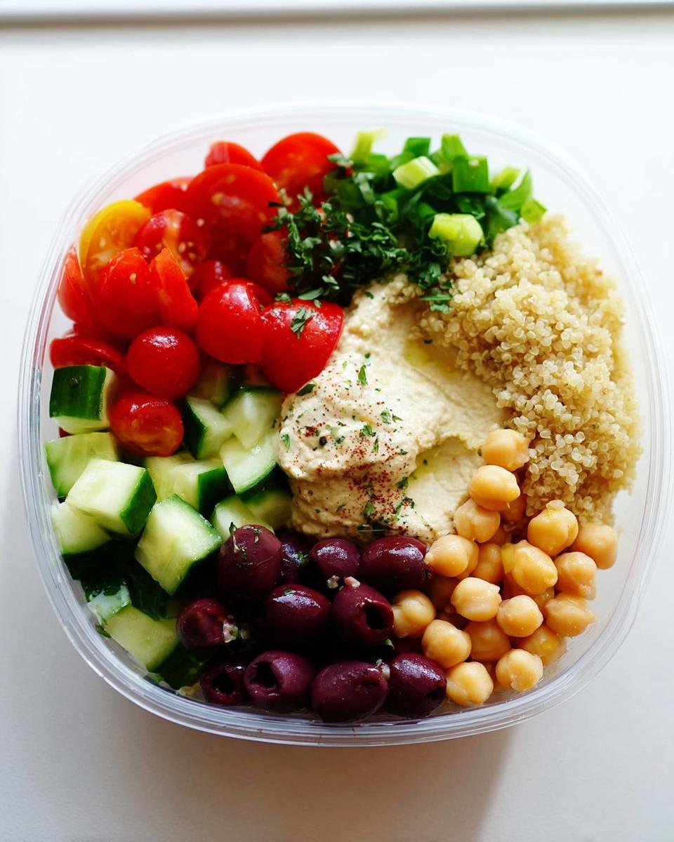Overhead view of a plastic container filled with ingredients for a Healthy Mediterranean Snack Box: hummus, quinoa, chickpeas, olives, cucumber, and tomatoes.