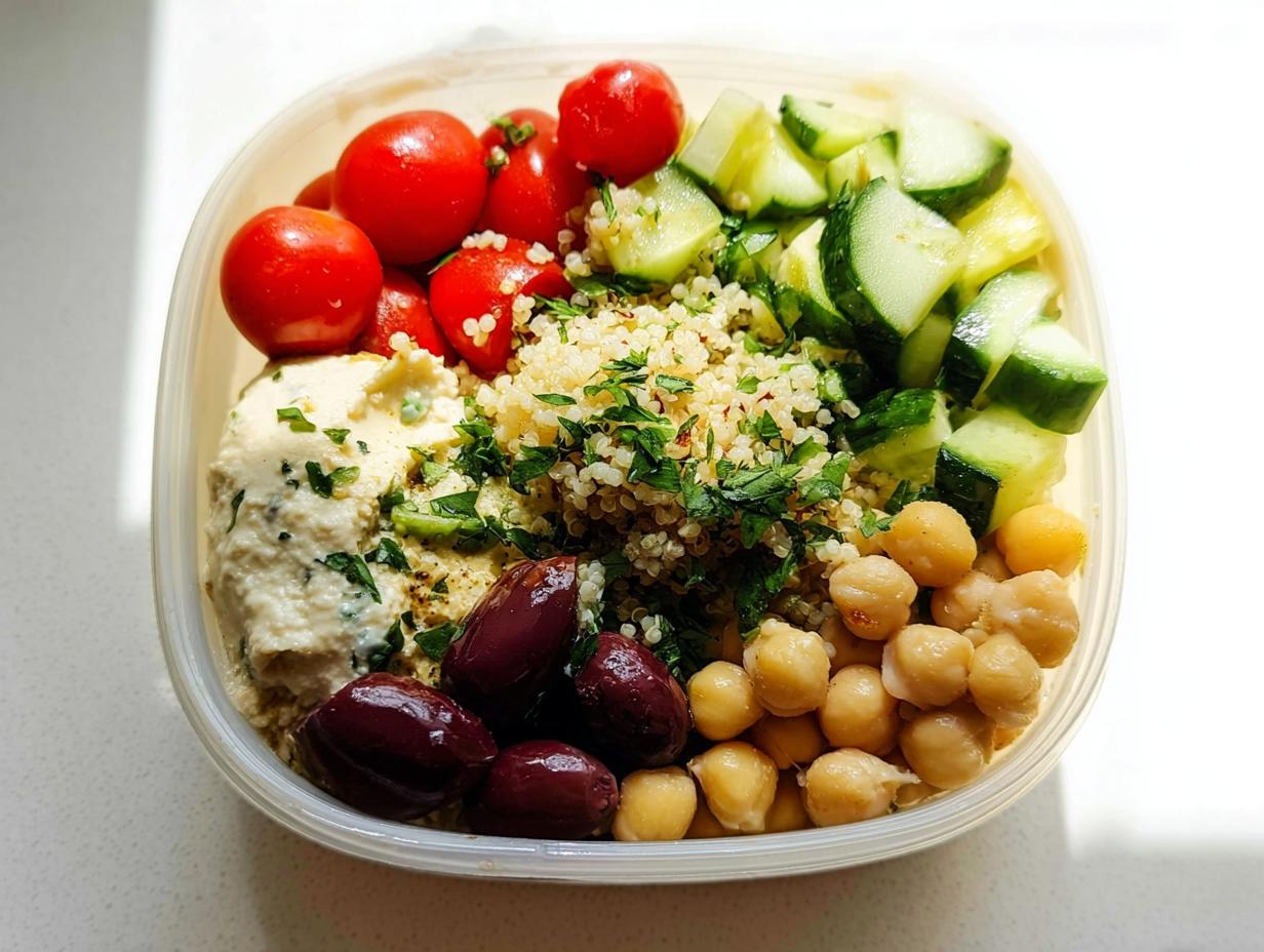 Overhead view of a clear container holding components for a Healthy Mediterranean Snack Box: hummus, cherry tomatoes, cucumber, quinoa, olives, and chickpeas.