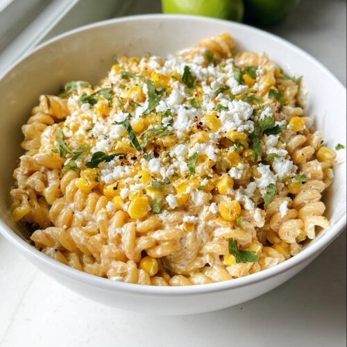 Close-up of a white bowl filled with Healthy Street Corn Pasta Salad, featuring fusilli pasta, corn kernels, and crumbled white cheese.