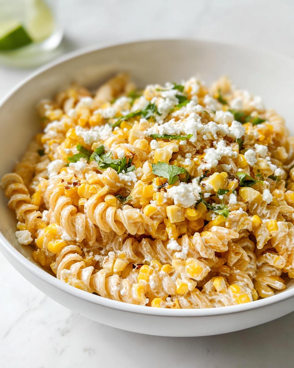 A close-up of a white bowl filled with Healthy Street Corn Pasta Salad, topped with cotija cheese and cilantro.