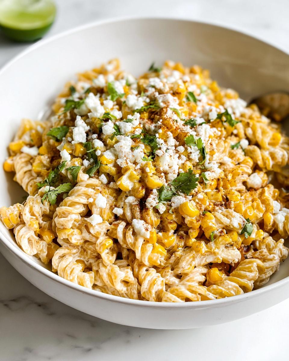 Close-up of Healthy Street Corn Pasta Salad with creamy sauce, corn, cotija cheese, and cilantro.