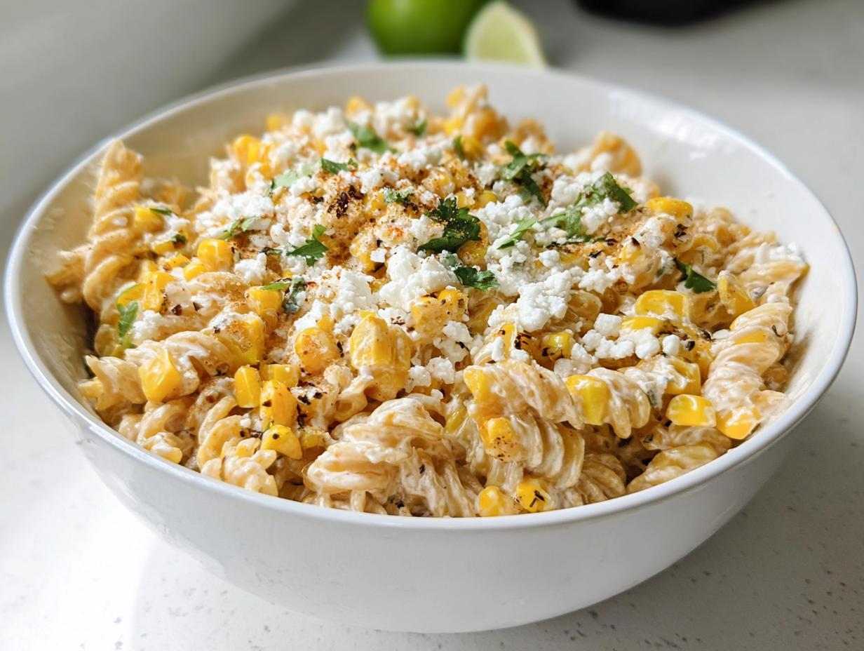 A white bowl filled with creamy Healthy Street Corn Pasta Salad, topped with cotija cheese, chili powder, and cilantro.