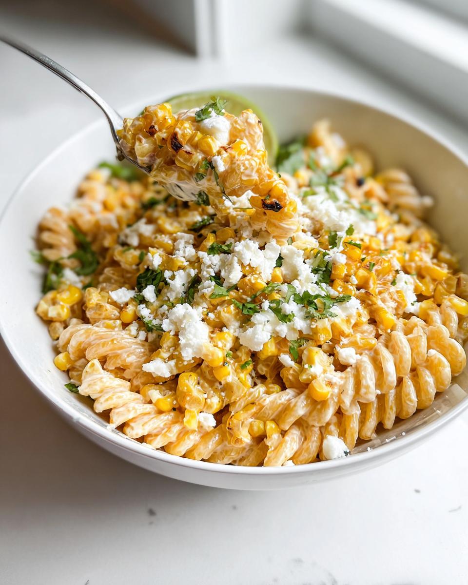 A spoonful of creamy Healthy Street Corn Pasta Salad topped with cotija cheese and cilantro being lifted from a white bowl.