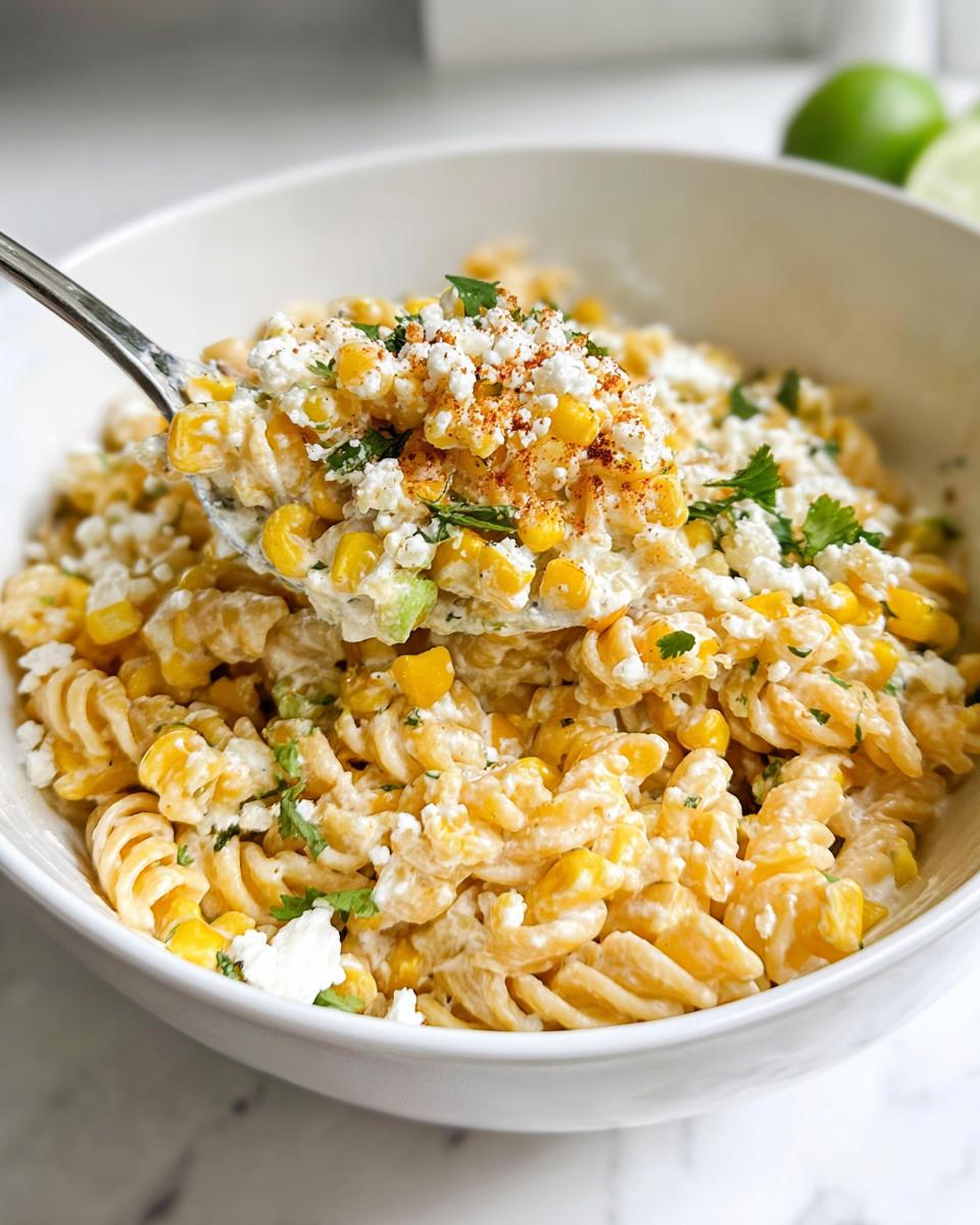 A spoonful of Healthy Street Corn Pasta Salad, featuring rotini pasta, corn, cotija cheese, and chili powder, lifted from a white bowl.