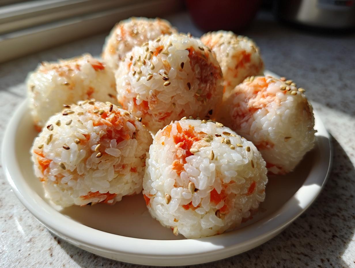 A white plate holding several portions of Healthy Sushi Lunch Balls mixed with orange filling and topped with sesame seeds.