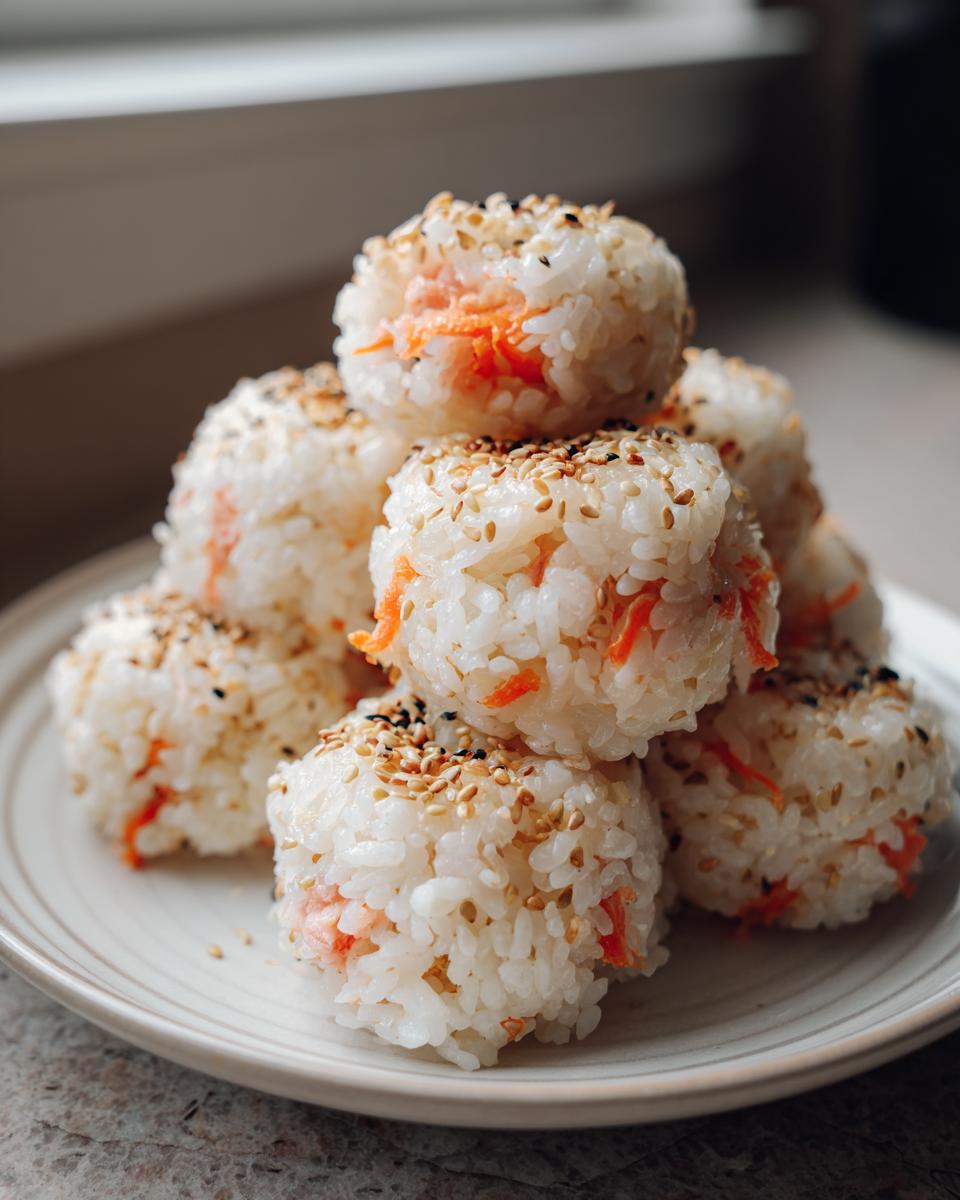 A stack of freshly made Healthy Sushi Lunch Balls mixed with shredded carrots and topped with toasted sesame seeds.