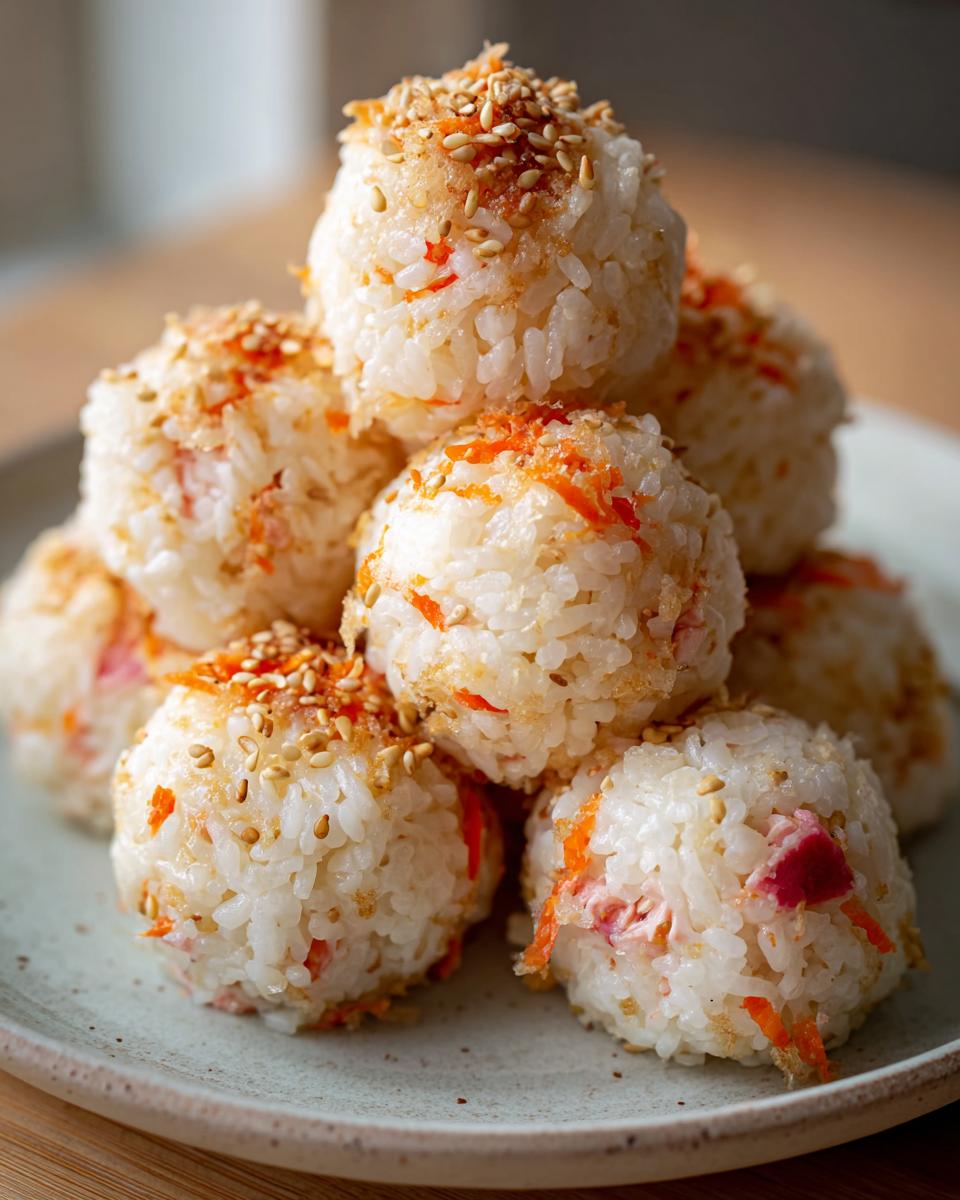 A stack of perfectly formed Healthy Sushi Lunch Balls garnished with toasted sesame seeds and shredded carrots.