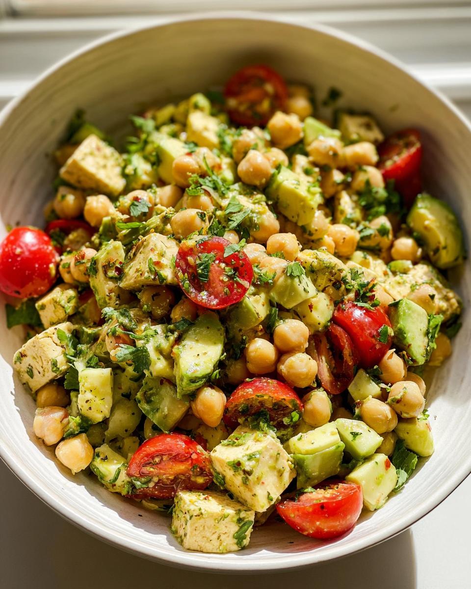 Close-up of a bowl filled with High Protein Chickpea Salad featuring avocado chunks, cherry tomatoes, and tofu cubes.