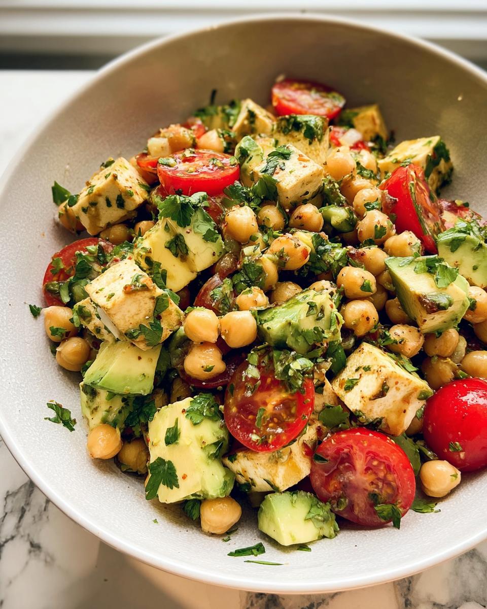Close-up of a bowl filled with High Protein Chickpea Salad featuring chickpeas, avocado, tofu, and cherry tomatoes.