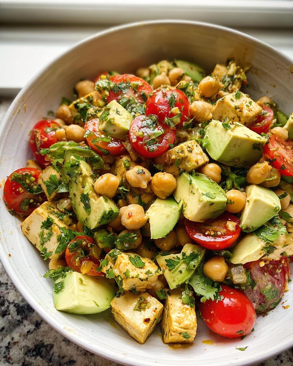 A bowl filled with High Protein Chickpea Salad featuring chickpeas, avocado chunks, cherry tomatoes, and tofu cubes.