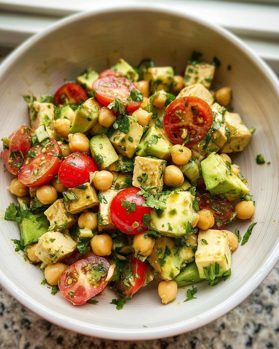 Close-up of a vibrant High Protein Chickpea Salad featuring chickpeas, avocado, cherry tomatoes, and herbs in a white bowl.