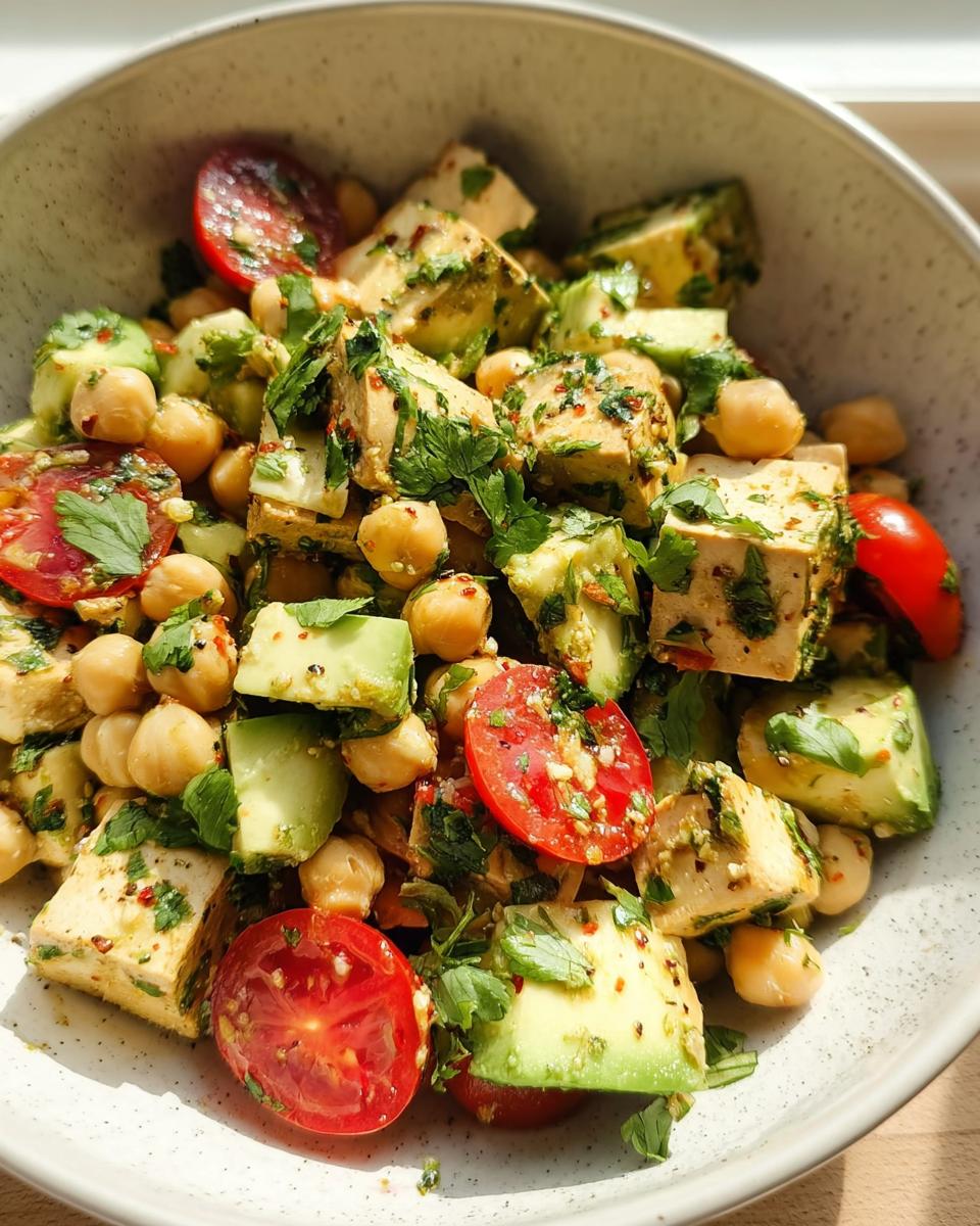 Close-up of a vibrant High Protein Chickpea Salad featuring cubes of tofu, avocado, cherry tomatoes, and fresh herbs.