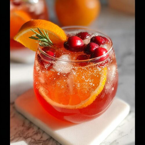 Close-up of a festive Holiday Non Alcoholic Punch garnished with fresh cranberries, an orange slice, and rosemary.