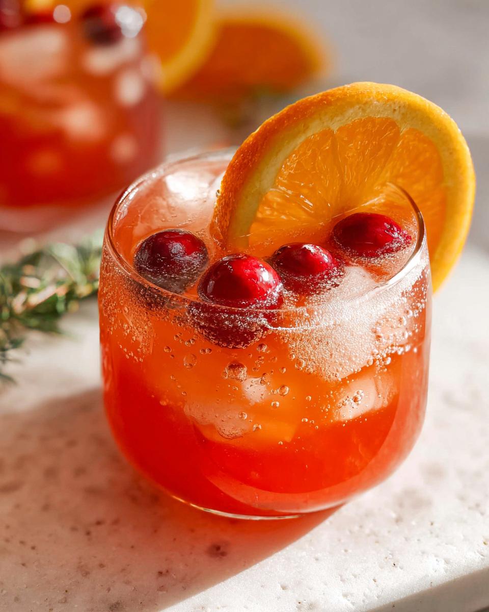 Close-up of a fizzy Holiday Non Alcoholic Punch garnished with fresh cranberries and an orange slice.