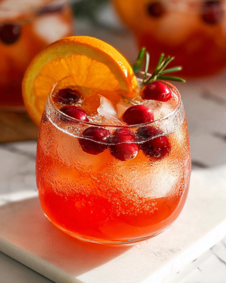 Close-up of a chilled glass filled with vibrant red Holiday Non Alcoholic Punch, garnished with cranberries, an orange slice, and rosemary.