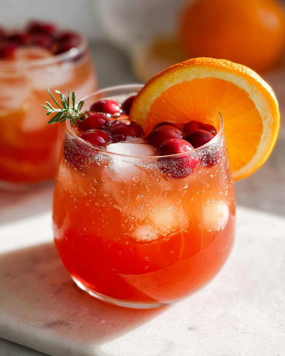 Close-up of a glass filled with vibrant Holiday Non Alcoholic Punch, garnished with cranberries, orange slice, and rosemary.