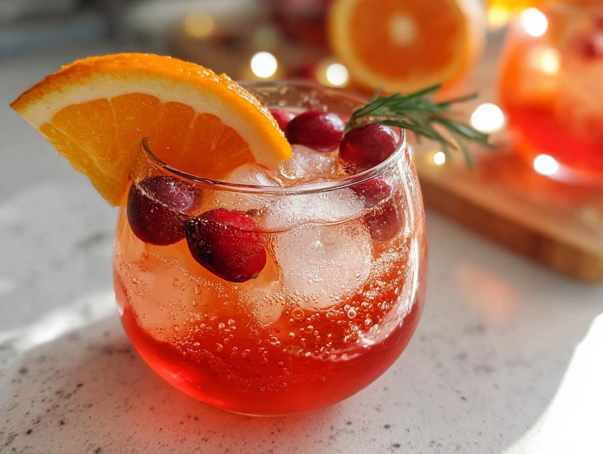 Close-up of a glass filled with bubbly Holiday Non Alcoholic Punch, ice, cranberries, and an orange slice garnish.
