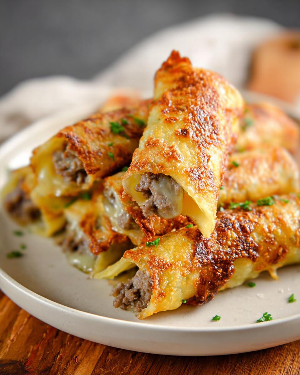 A stack of golden brown, crispy Keto Philly Cheesesteak Roll Ups filled with savory meat and melted cheese.