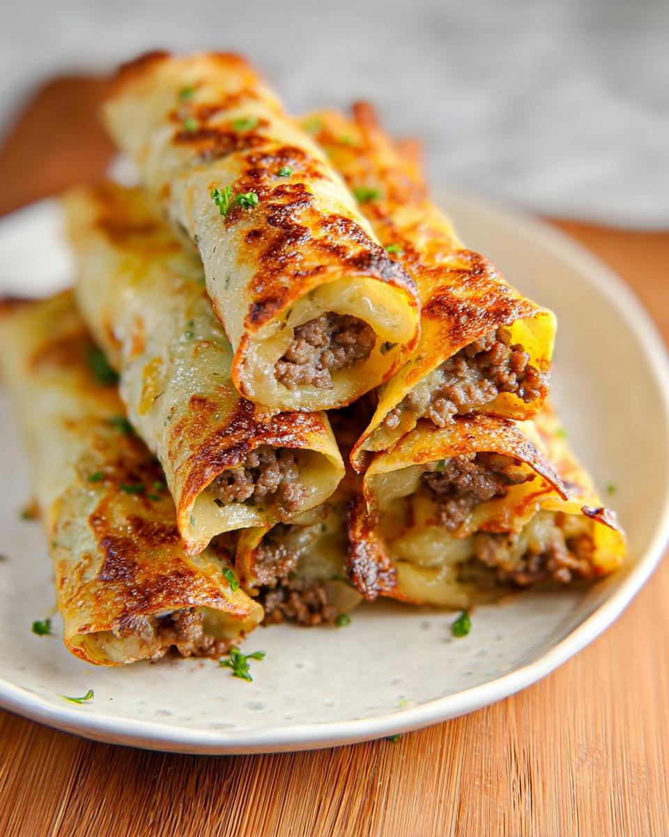 Stack of golden, pan-fried Keto Philly Cheesesteak Roll Ups filled with seasoned ground beef.