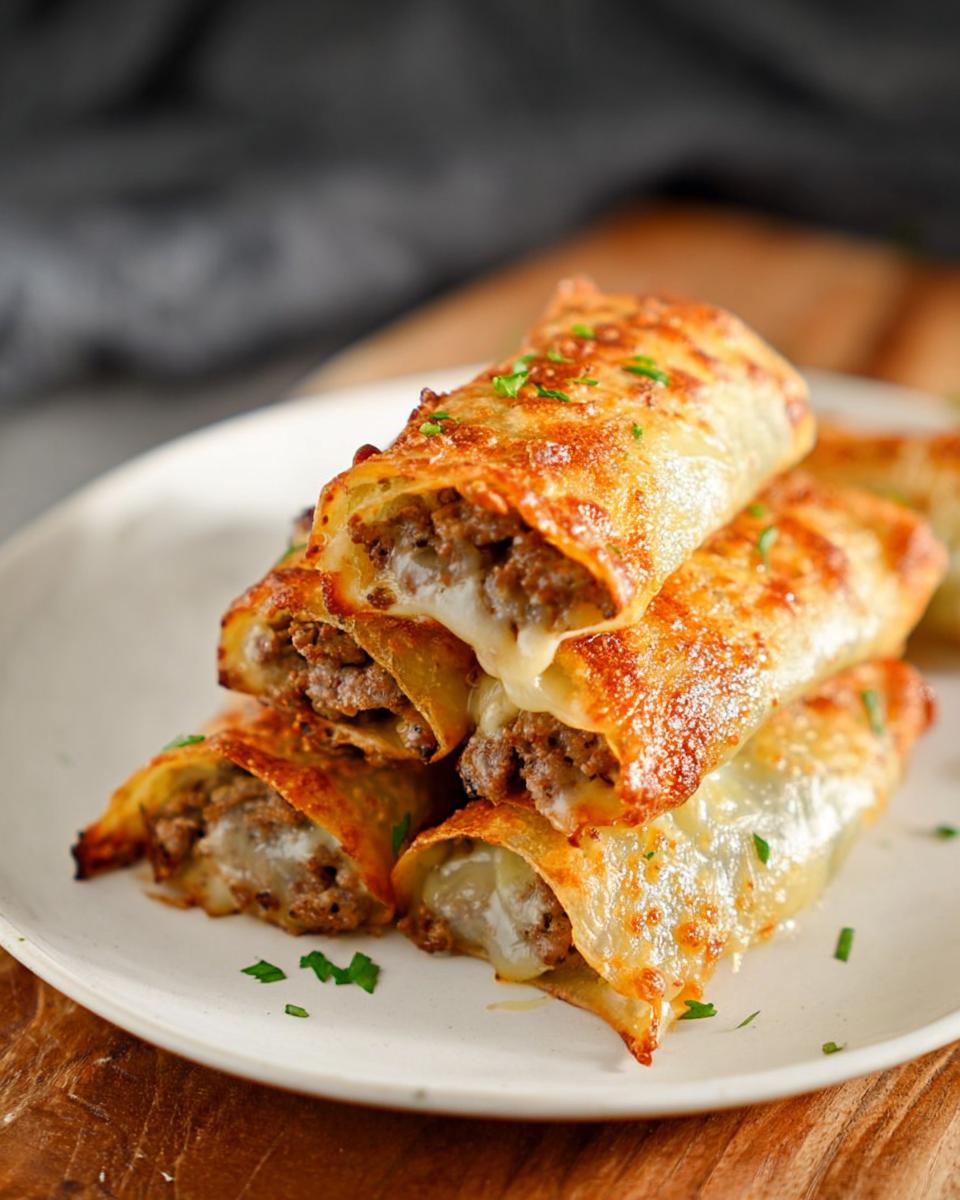 A stack of crispy, golden Keto Philly Cheesesteak Roll Ups filled with savory meat and melted cheese.