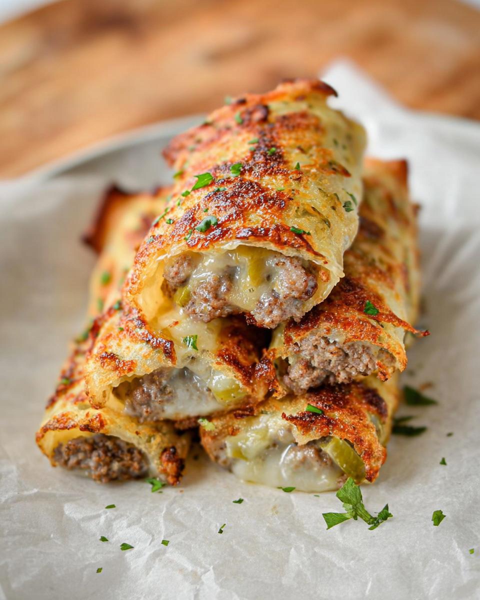 A stack of golden-brown Keto Philly Cheesesteak Roll Ups, cut open to show melted cheese and seasoned ground beef filling.