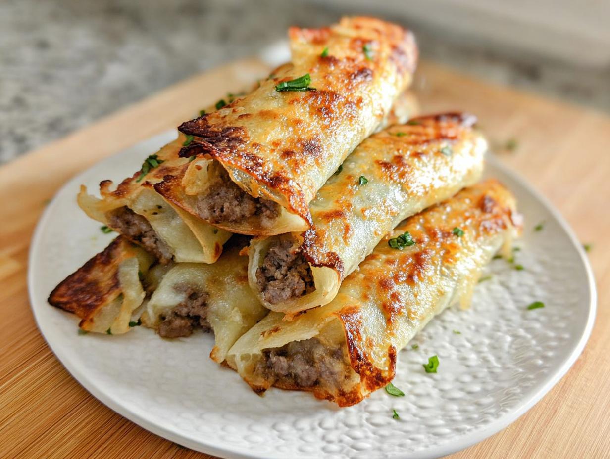 A stack of golden-brown Keto Philly Cheesesteak Roll Ups, filled with seasoned meat and topped with melted cheese.