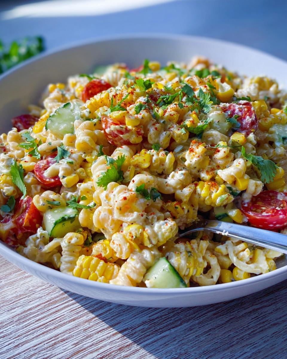 A close-up of Light Mexican Corn Pasta Salad featuring rotini pasta, corn kernels, cucumber, and tomatoes, topped with cilantro.