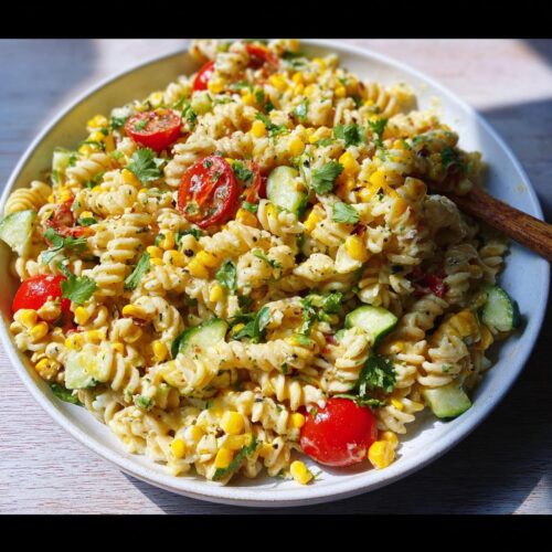 A bowl filled with Light Mexican Corn Pasta Salad featuring rotini pasta, corn, cucumber, and cherry tomatoes.