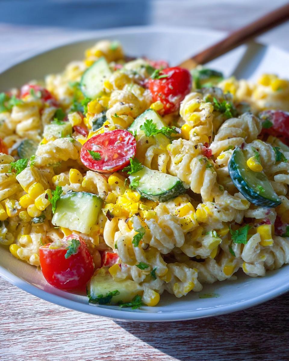 A close-up of Light Mexican Corn Pasta Salad featuring rotini pasta, corn kernels, cucumber slices, and halved cherry tomatoes.