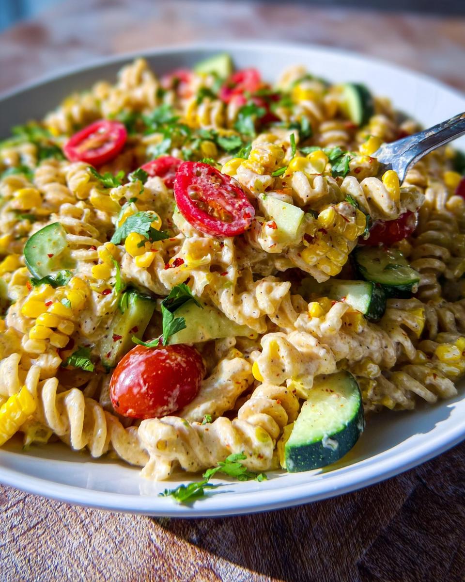 A fork lifts a bite of Light Mexican Corn Pasta Salad featuring fusilli pasta, corn kernels, cucumber, and cherry tomatoes.
