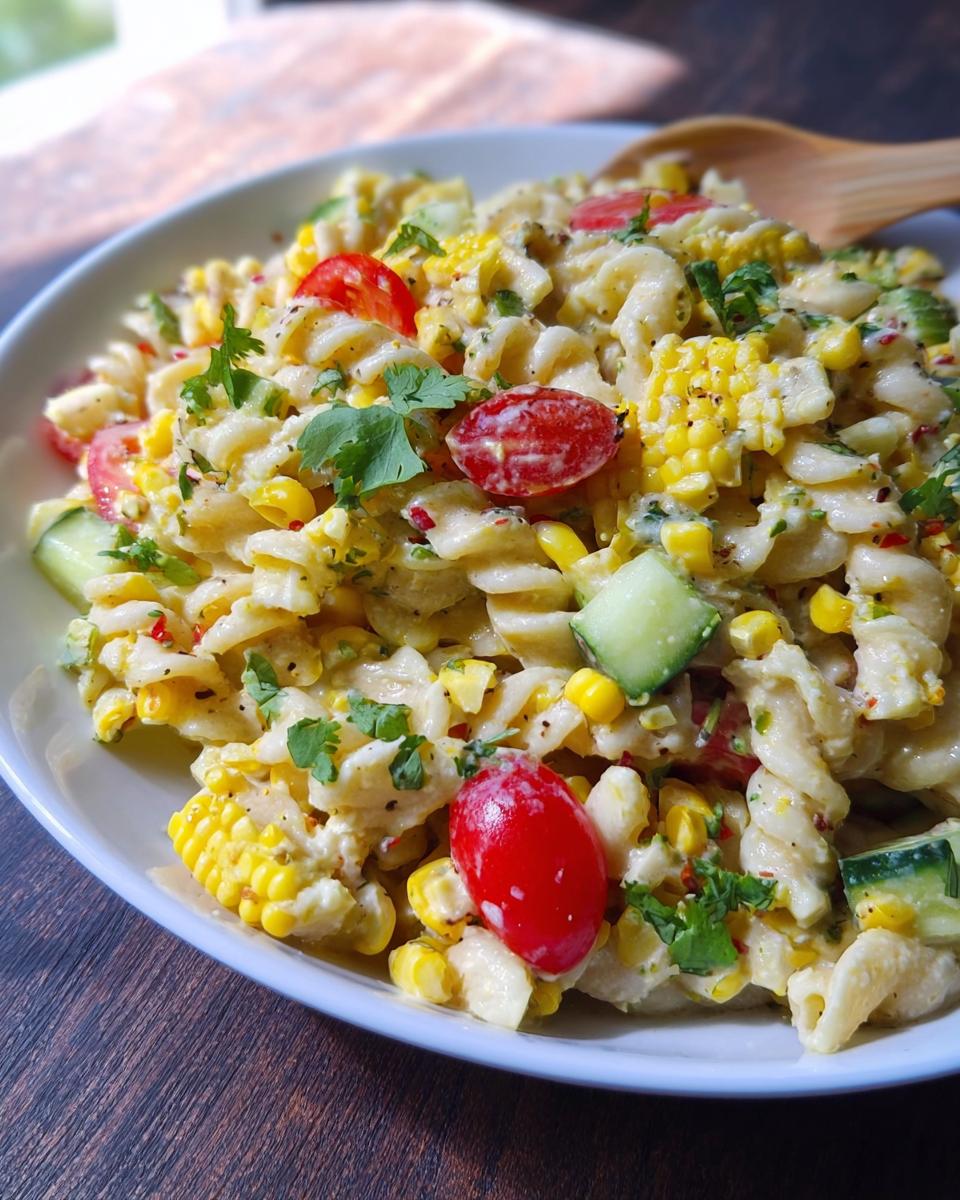 A close-up of a creamy Light Mexican Corn Pasta Salad featuring fusilli pasta, corn kernels, cherry tomatoes, and cucumber chunks.