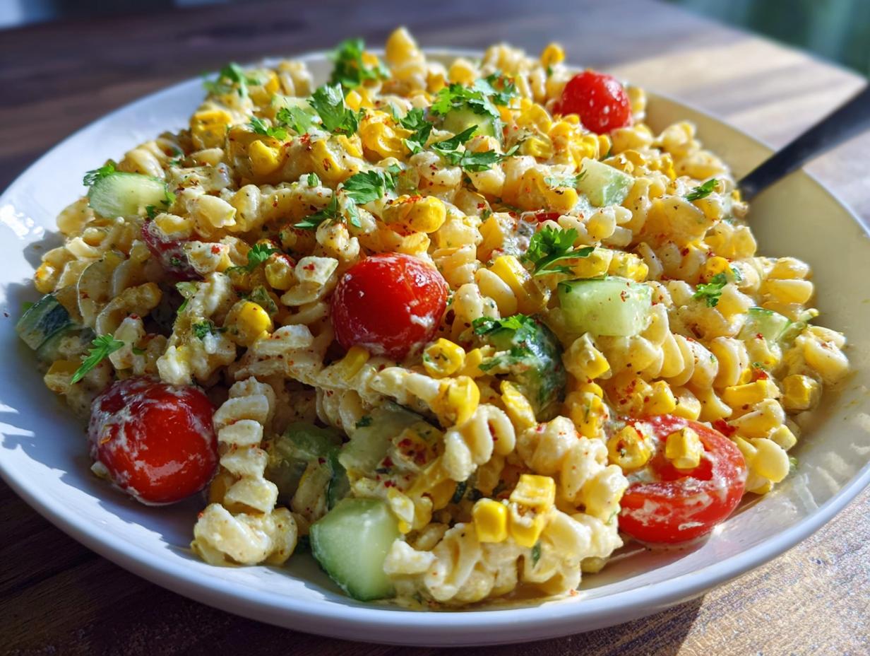 A close-up of a creamy Light Mexican Corn Pasta Salad featuring rotini pasta, corn, cherry tomatoes, and cucumber.